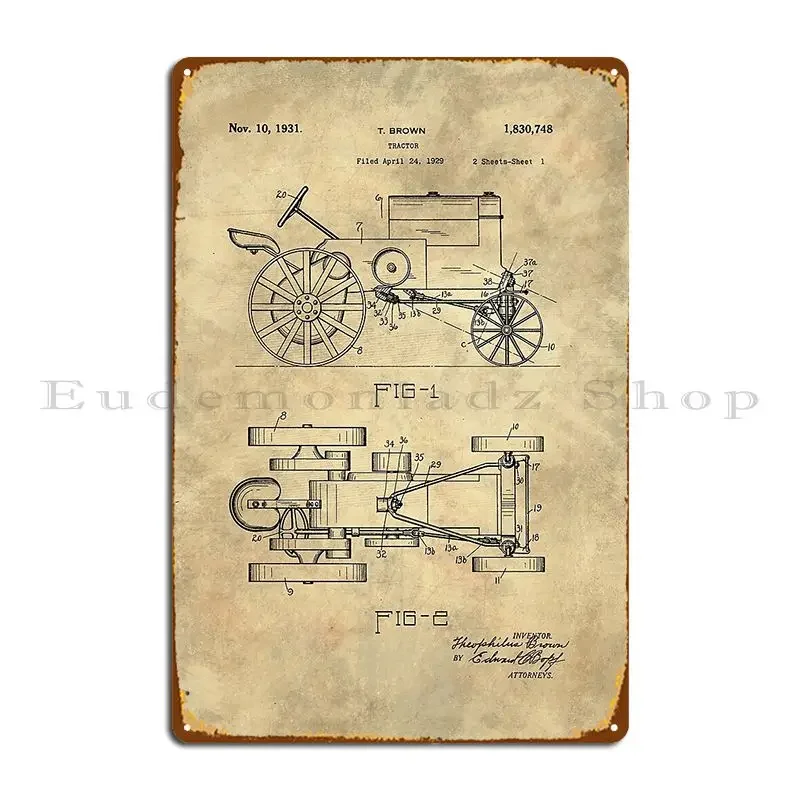 Antique Tractor Blueprint Patent Drawing Plan From 1929 Industrial Farmhouse Metal Sign Club Designer Bar Cave Tin Sign Poster