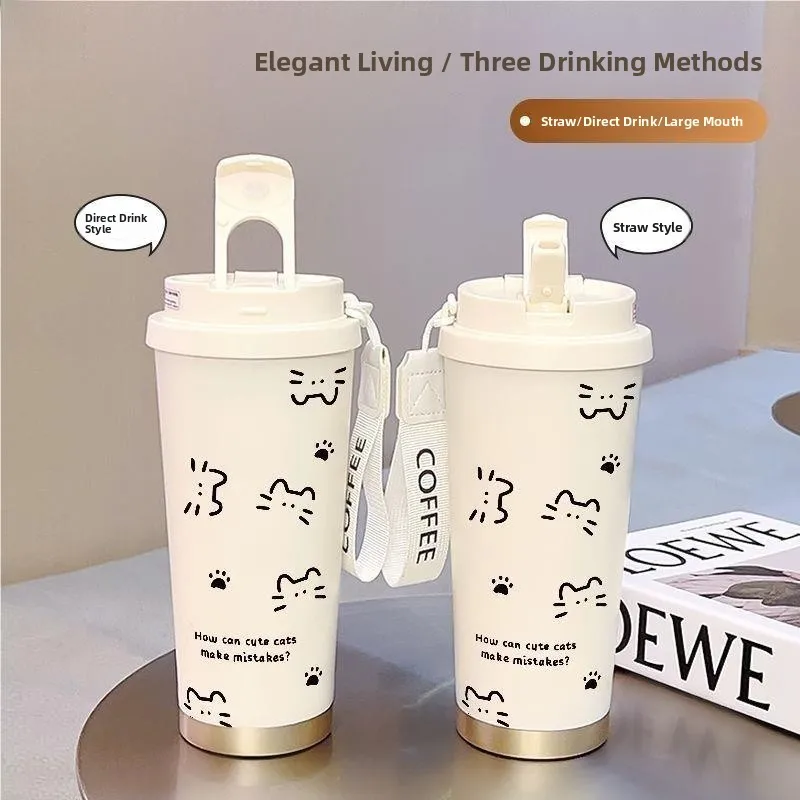 

Cute Design Large Capaci Double-Sided St Thermos Coffee Cup High Aesthetic Value Portable Sports Water Bottle for Women