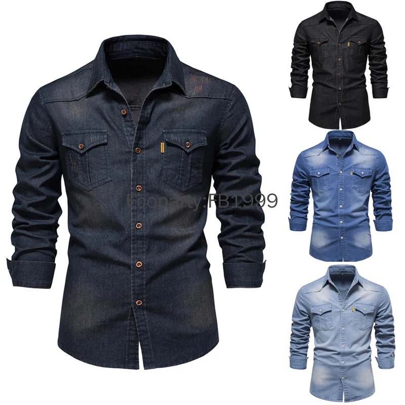 

2024 Men's Single Breasted Denim Shirt Fashion Long Sleeve Quality Cowboy Shirts For Men Casual Slim Blouse Tops