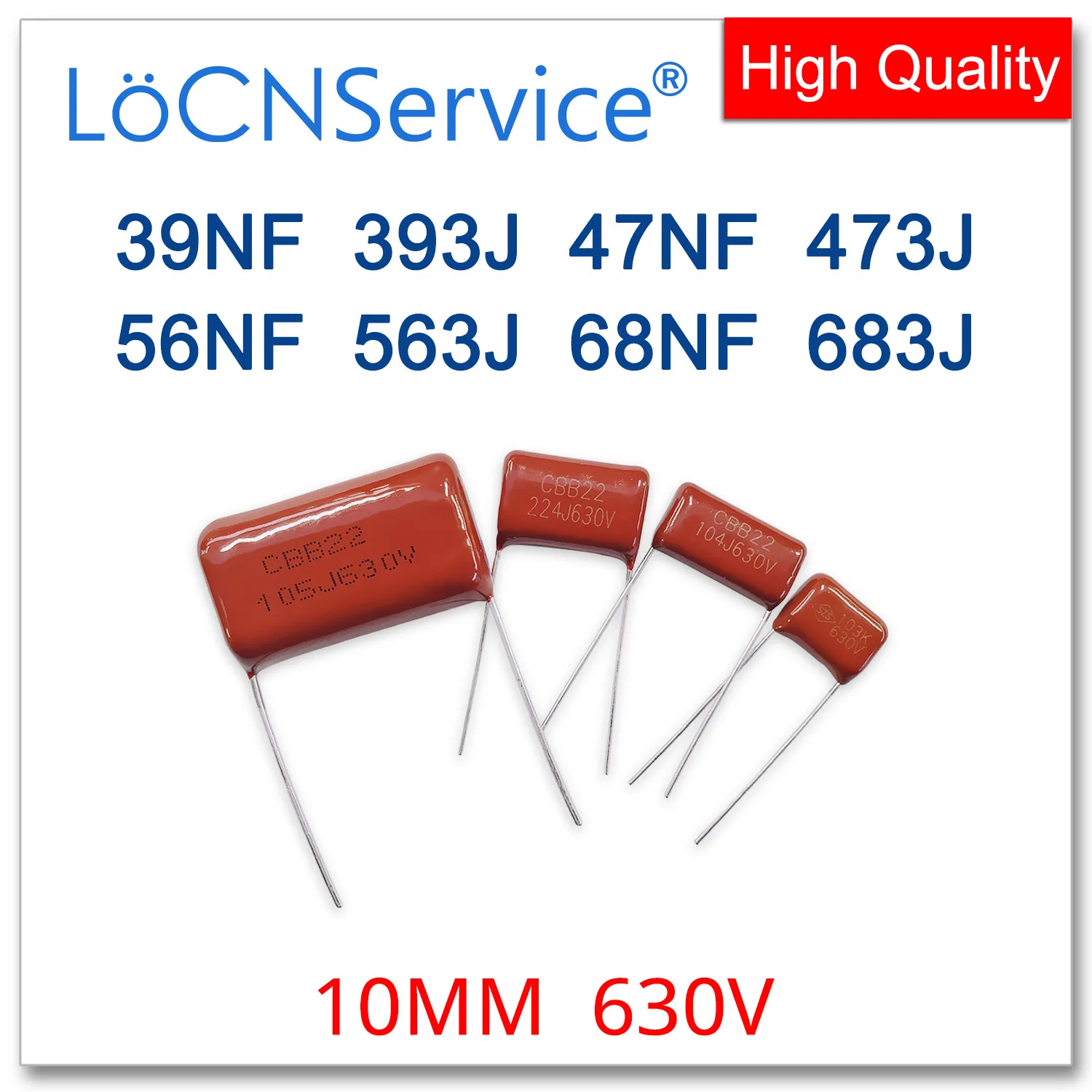 

LoCNService 1000PCS 630V 10MM 39NF 47NF 56NF 68NF 393J 473J 563J 683J CBB Polypropylene Film Capacitor High Quality