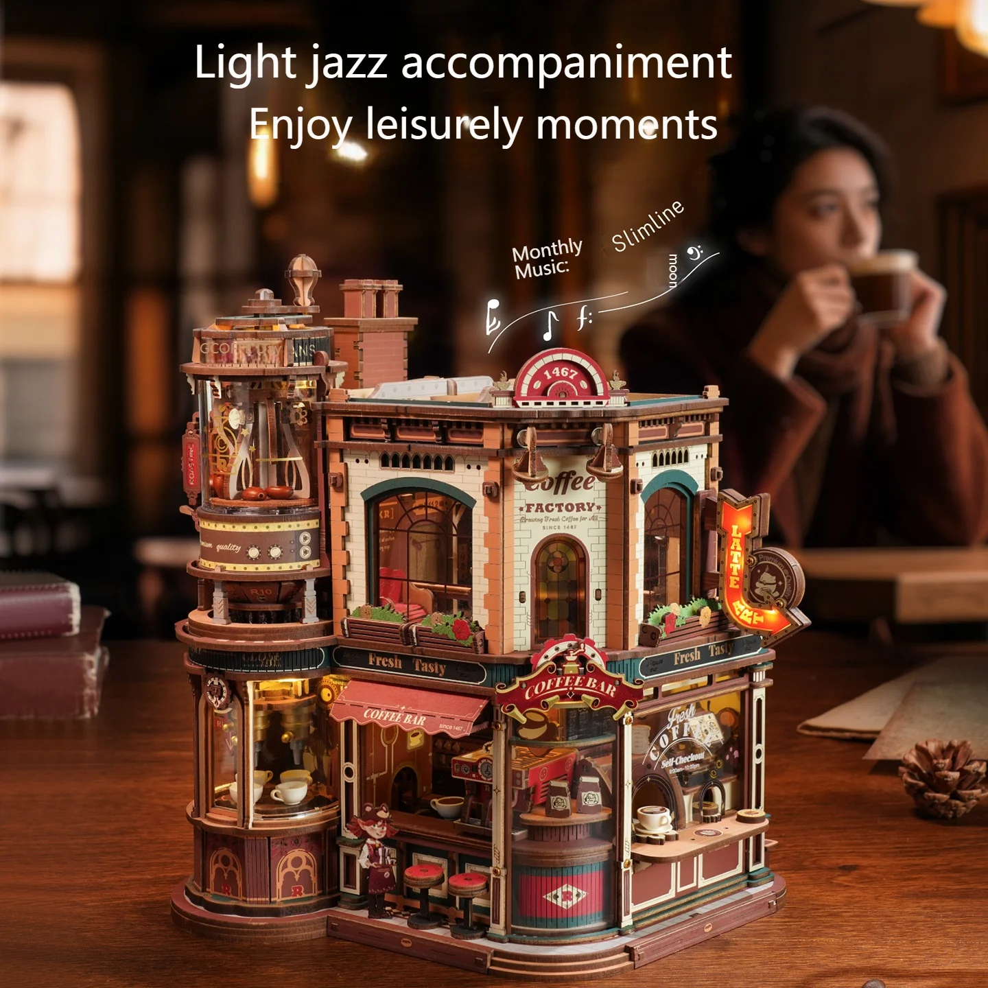 DIYコーヒーファクトリーモデルキット - 大人向け3D木製パズル、LEDライト、音楽、フィギュア付き、ユニークな誕生日プレゼントのアイデア