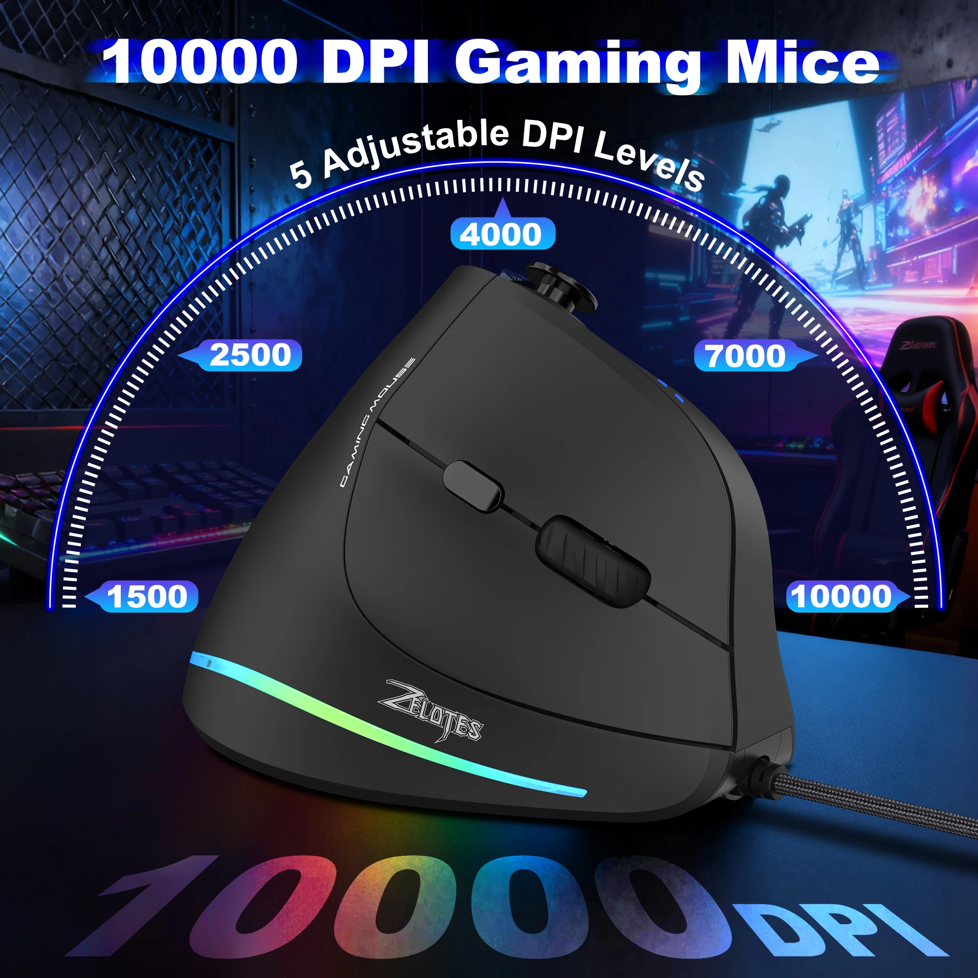 Zelotes Ergonomic Mouse C18 Wired Vertical Mouse 10000DPI 11 Buttons Programmable Gaming Mice with Joysticks For Laptop PC Gamer