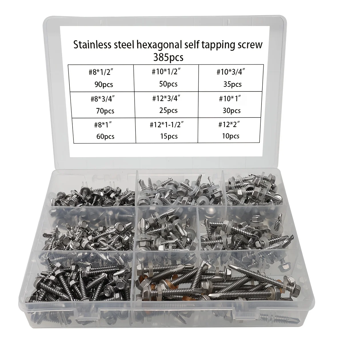 385pcs External Hex Head Self-Tapping Screws, 410 Stainless Steel Large Flat Head Self-Tapping Screws
