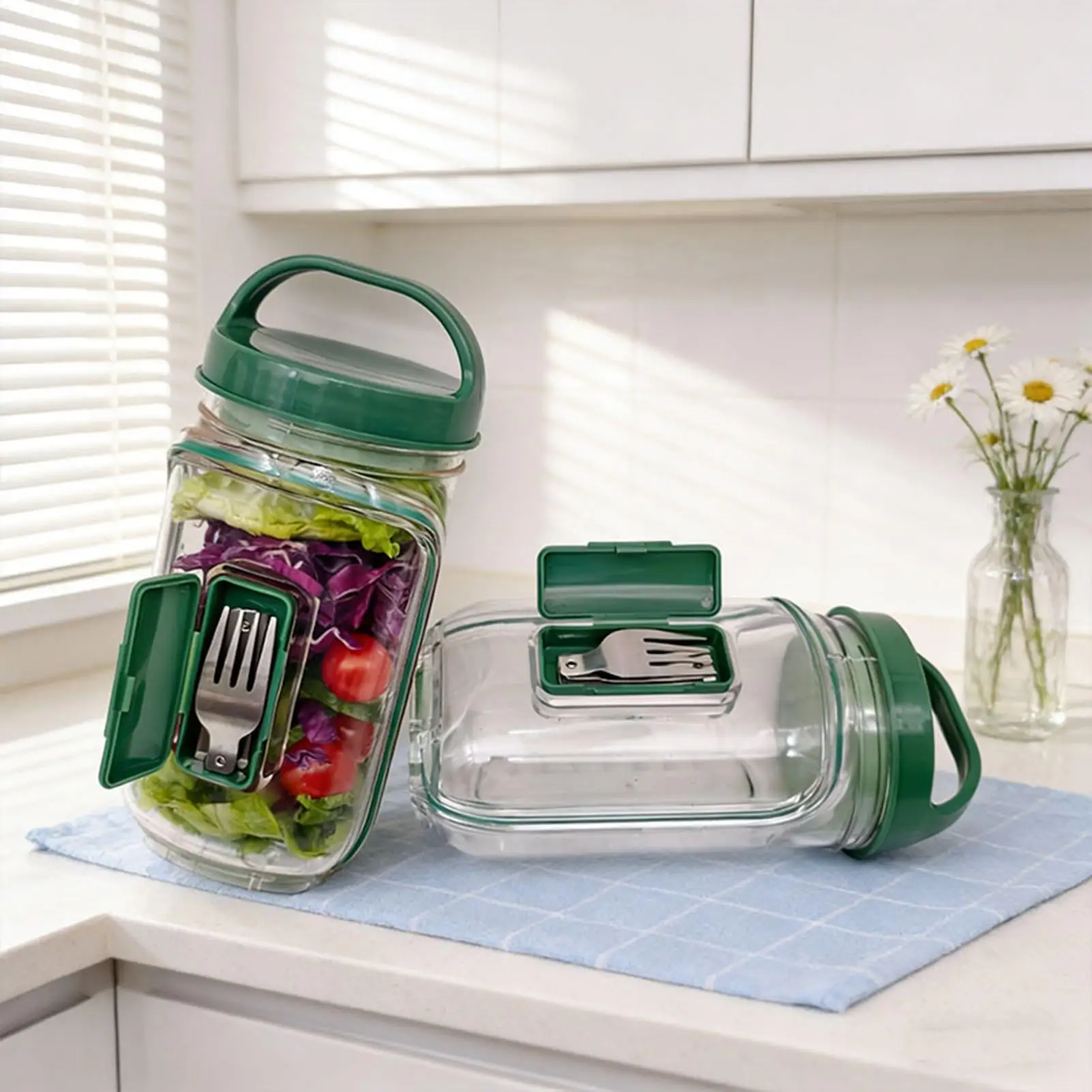 1000ml Leakproof Salad Container Salad Jar with Side Opening Meal Prep Jar With Dressing Cup for Lunch Work Office Gym Travel