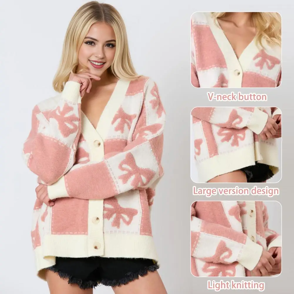 

Oversized Knitting Cardigan Stylish Women's V-neck Sweater Coat with Plaid Print Bowknot Detail Long Sleeve Color for Women