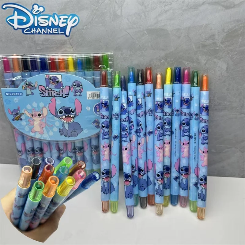 Disney Stitch Rotating Oil Pastel Cartoon 12 Colors Crayon Card Long Coloring Pens Students Painting Stationery Supplies Gifts