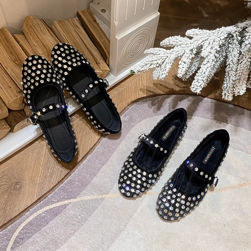 

Luxury Crystal Rhinestone Fishnet Ballet Flats Woman Design Rivet Studs Mesh Mary Jane Shoes Women Cut Out Loafers Shoes