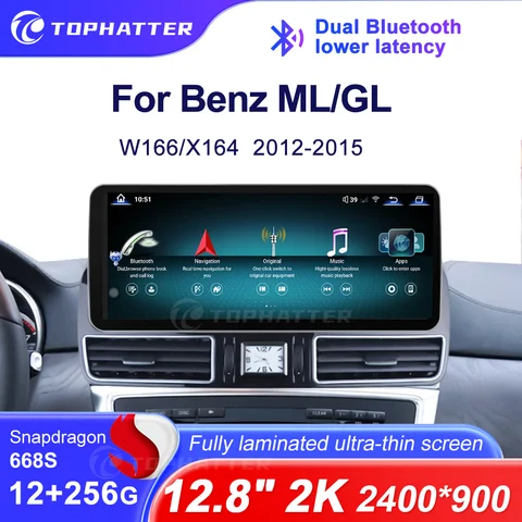 Autoradio Android 13, 12,8 pouces, 2K, navigation DSP, audio, sans fil, CarPlay, pour Mercedes Benz ML GL W166 X164