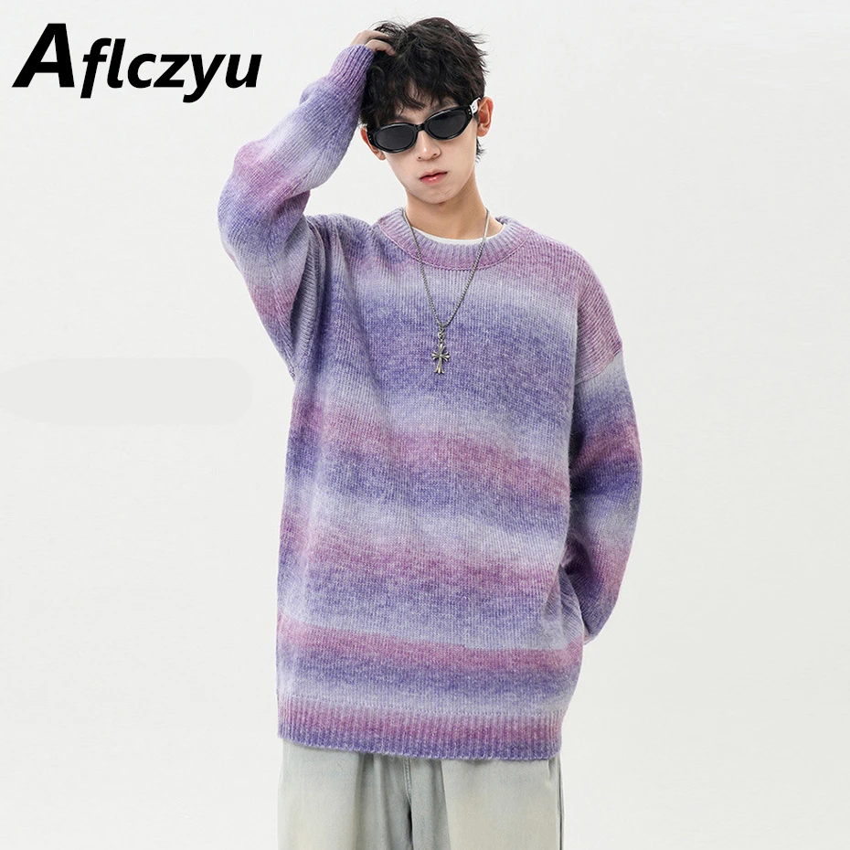 Gradient Sweater Men Rainbow Knitted Sweater Spring Autumn O-neck Knitted Jumper Fashion Casual Pullover Male