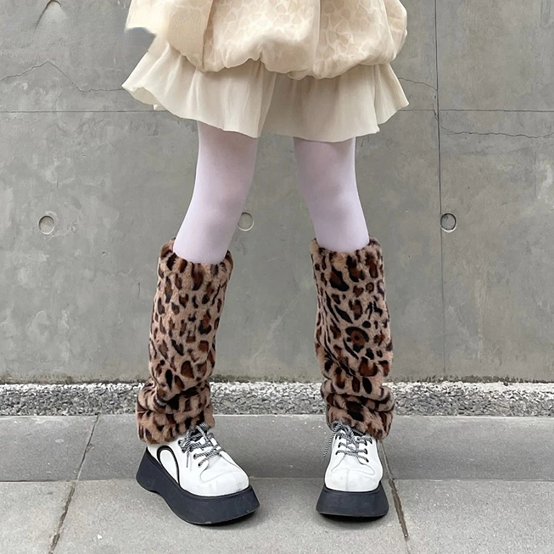 Plush leopard pattern Leg Warmers warm autumn and winter Plush thickening Millennium Y2K Harajuku leg Warmer woman Gothic