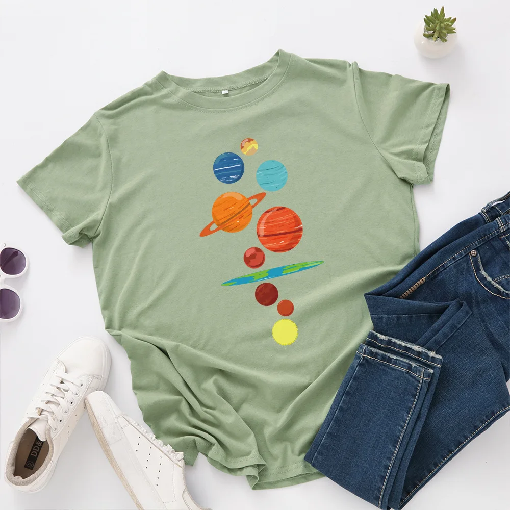 JFUNCY Women T Shirt New Planet Print T-shirts Female Short Sleeve Cotton Tees Tops Woman Summer Tshirt