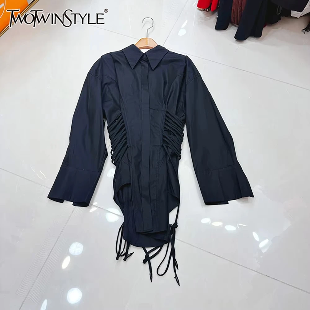 TWOTWINSTYLE Design Sense Solid Blouses For Women Lapel Long Sleeve Spliced Lace Up Apring Casual Shirts Female New KBL517678