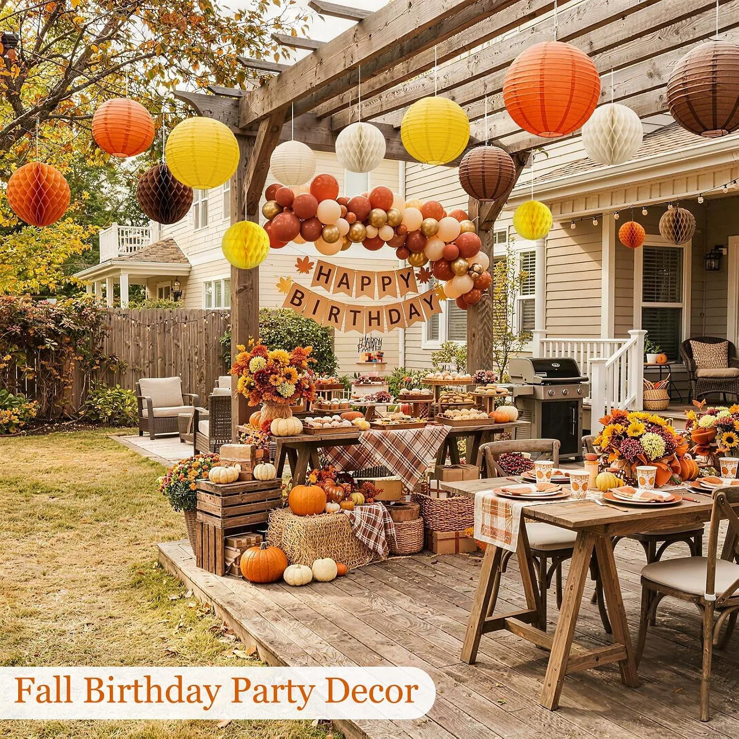 16-Piece Autumn Ceiling Hanging Decoration Set, Includes Paper Lanterns and Honeycomb Balls in Sizes 6 to 10inch Inches, with Color Combinations in Brown, Burnt Orange, Yellow, and Off-White, Suitable for Decorating Ceilings, Ideal for Thanksgiving, Harvest Season, Office, and Classroom Settings