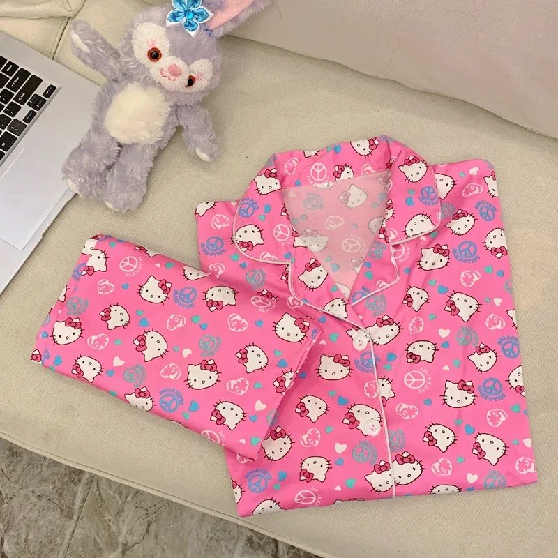 Conjunto de pijamas de seda Hello Kitty da Sanrio, desenho animado bonito feminino, casual, confortável, fresco, respirável, puro algodão, pijama solto, novo