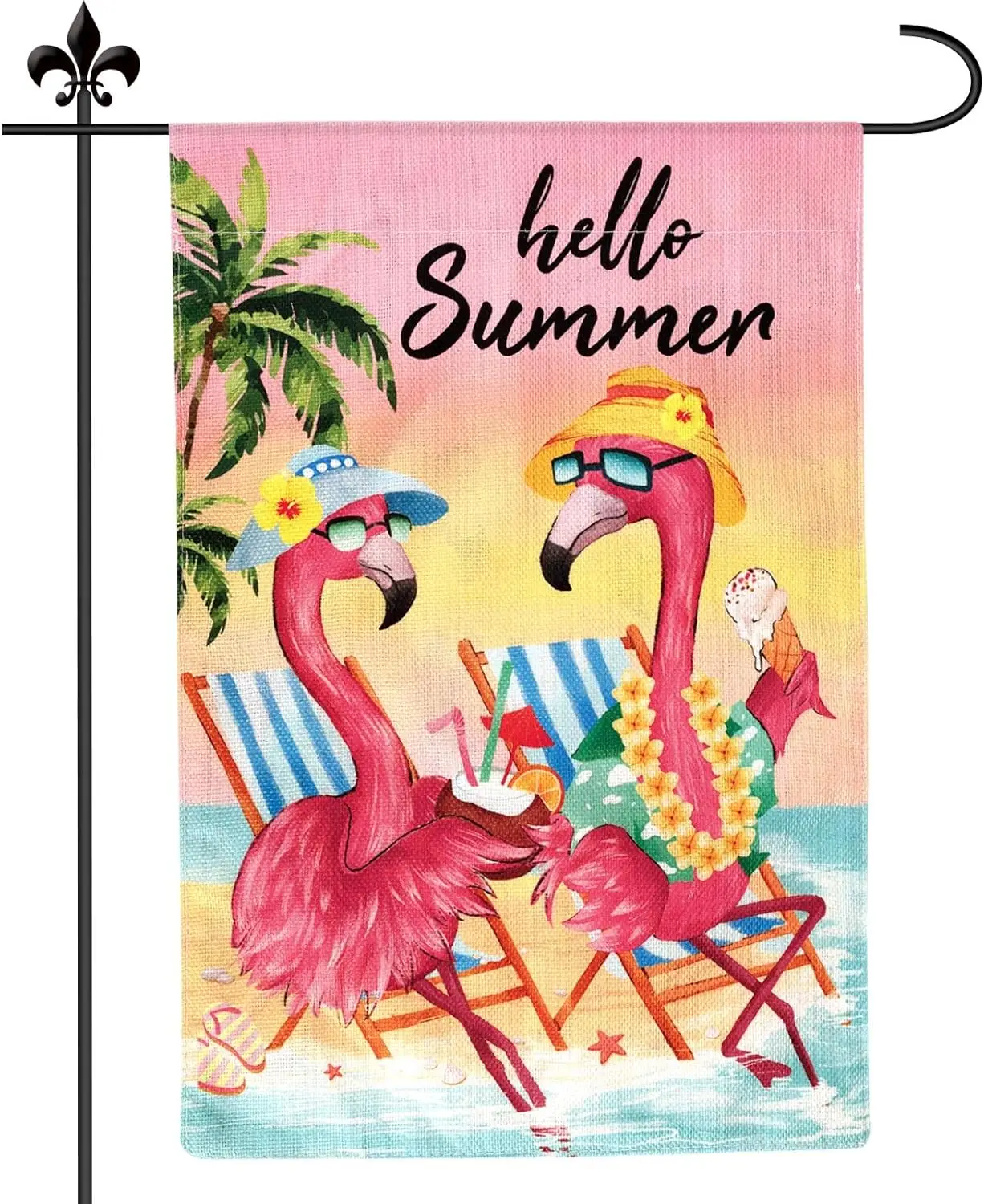 Summer Flamingo Garden Flag, 12x18in Double Sided Premium Linen Hello Summer Flamingo Tropical Garden Flag Perfect Vertical  SSL