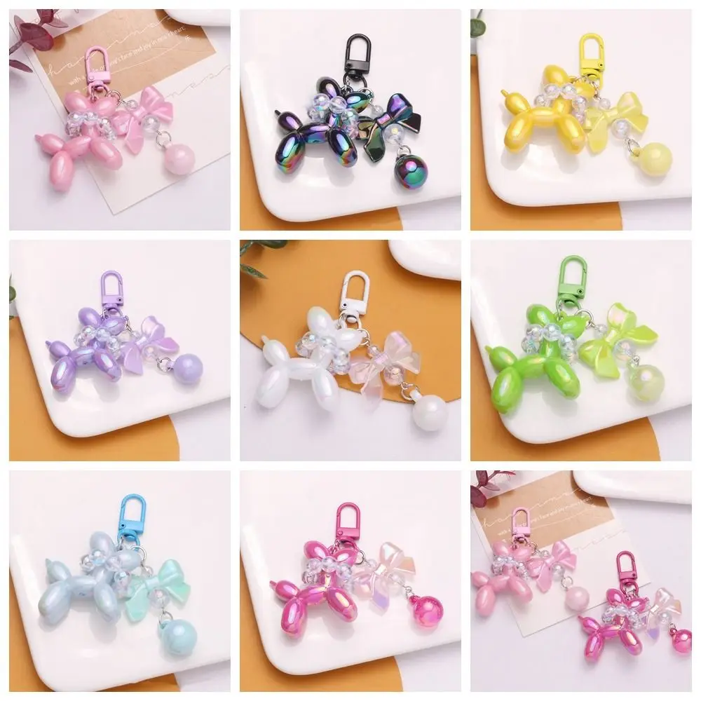 Unique Dog Balloon Puppy Keychain Pearl Acrylic Bow Key Ring Korean Style Candy Color Key Buckle Bag Charms Women