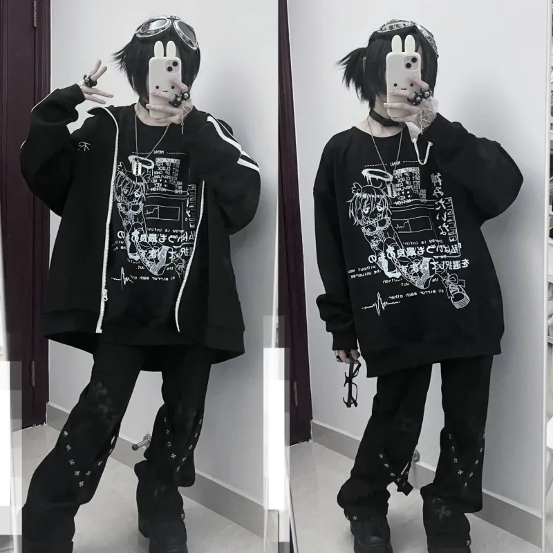 

Jirai Kei Black Anime Long Sleeve Crewneck Sweatshirt Cosplay Costume Oversized Casual Streetwear Halloween Party for Women