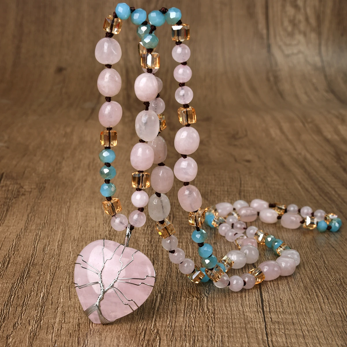 Natural Stone Rose Quartz Blue Crystal Bead Love Pendant Long Necklace Bohemian Women\'s Fashion and Exquisite Holiday Jewelry