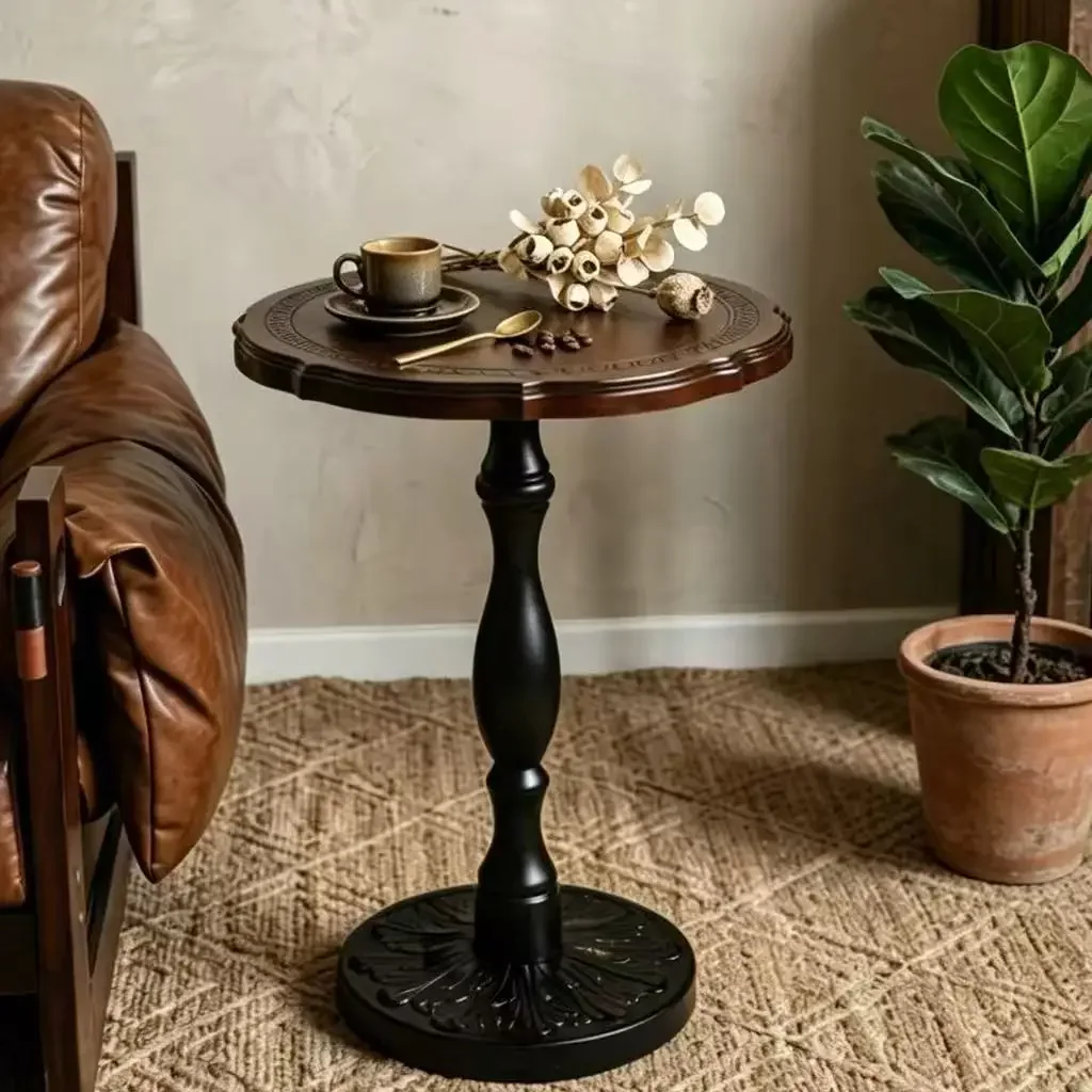 #French Vintage Wood Side Table, Round Carved Accent Table for Living Room