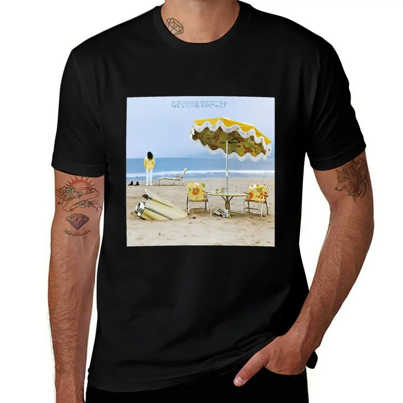 Neil Young On The Beach Album Cover Art Click T-Shirt Stain Resistant Casual Tee