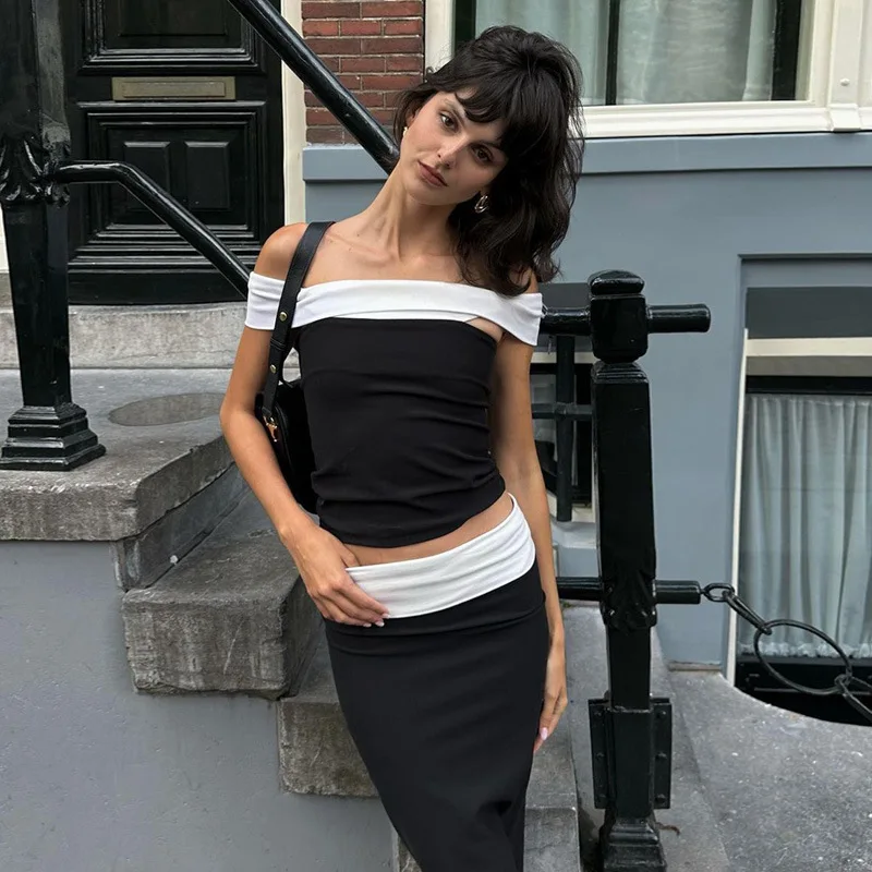 European & American New Arrival Fashion Street Style Color-Blocked Layered Halter Top Short Versatile Off-Shoulder Wrap Top