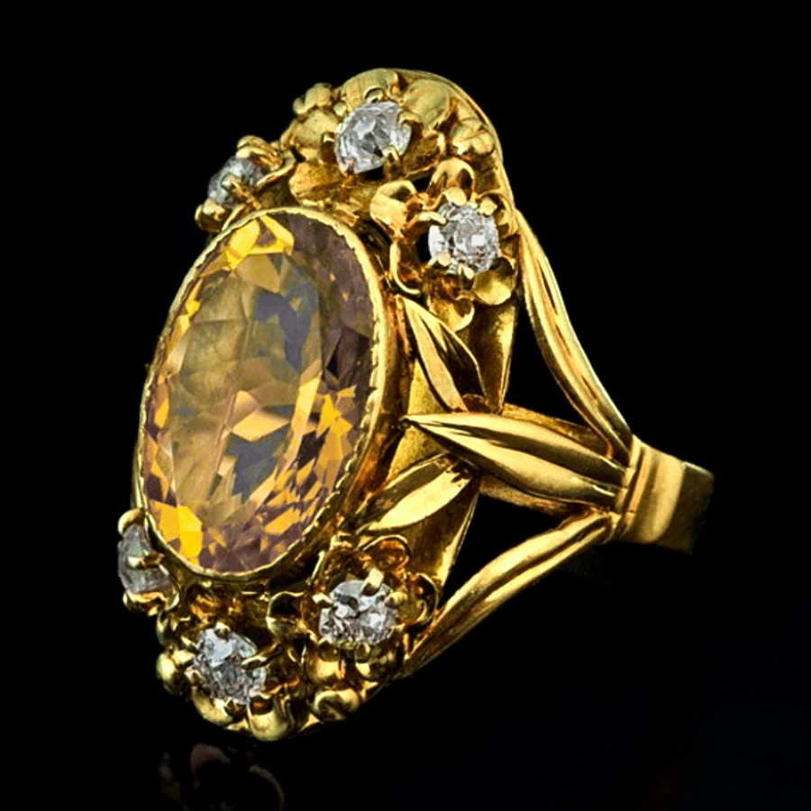 Huitan Leaf Luxus-Damenring, goldfarben, mit glänzendem gelbem Zirkonia, bezauberndes Hochzeits- und Verlobungszubehör, Schmuck