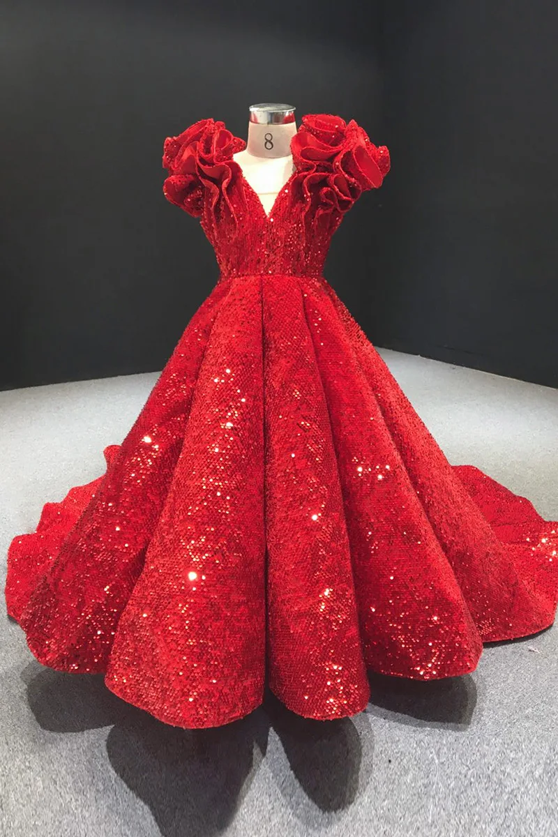 Rote Blume Mädchen Kleider Für Hochzeiten Ballkleid V-ausschnitt Kappen-hülsen Pailletten Sparkle Lange Mädchen Pageant Kleider Kleine Kinder Baby