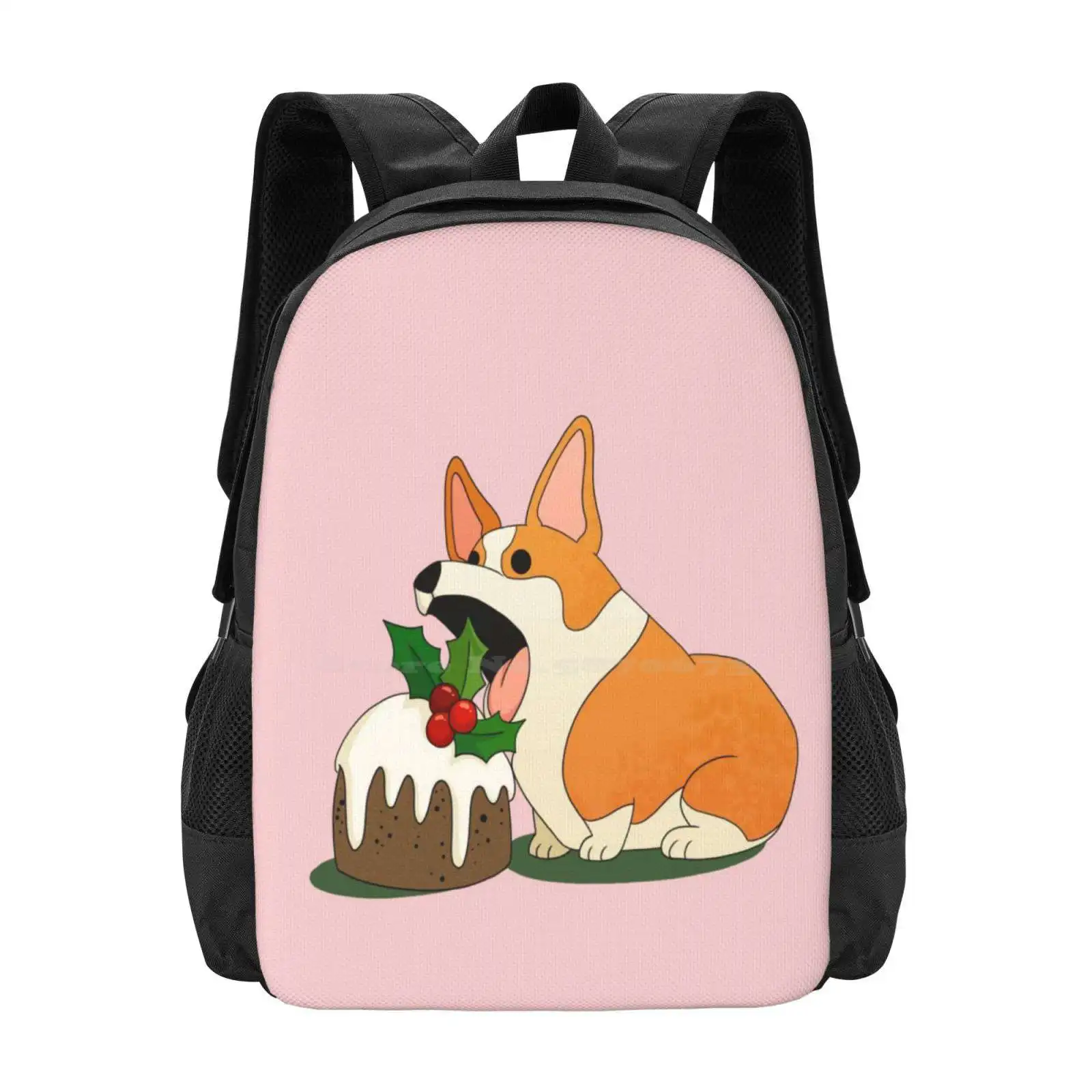 

Christmas Corgi School Bag Big Capacity Backpack Laptop Corgi Hungry Food Digitalart Puppy Eating Christmascake Mistletoe Cute