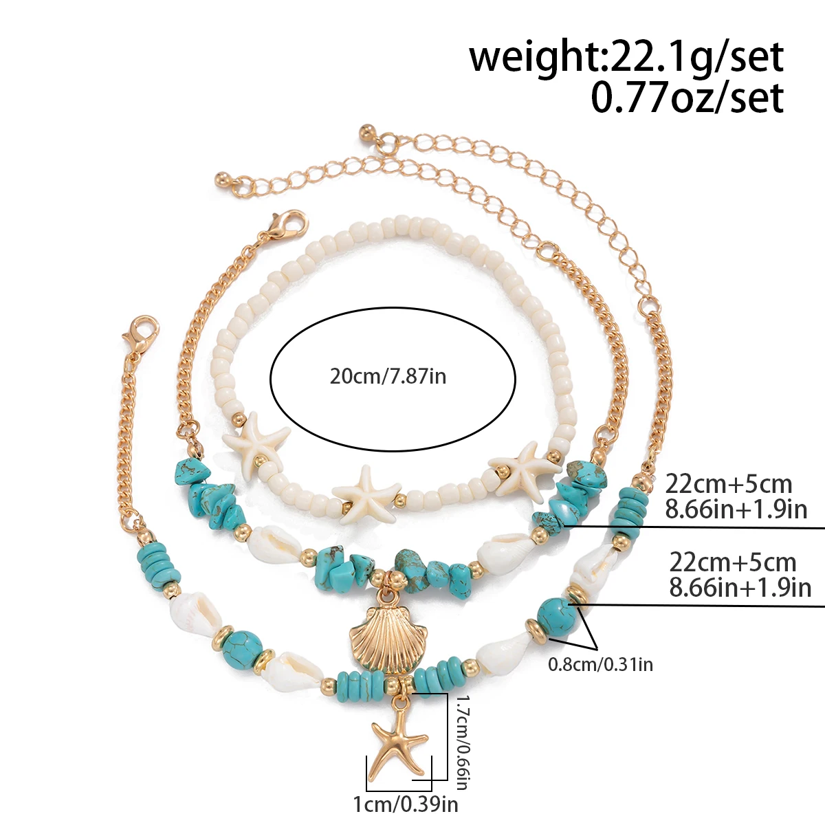 IngeSight.Z Boho 3pcs/set Gold Color Scallop Starfish Charm Women Anklet Fashion Green Stone Starfish Anklet Beach Jewelry