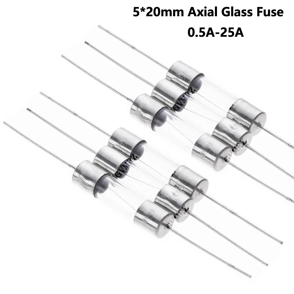 10PCS 0.5A/1A/2A/3A/3.15A 5*20mm Axial Glass Fuse Fast Slow Blow 250V With Lead Wire 5*20  4A/5A/6.3A/8A/10A/15A/12A/fuse tube 