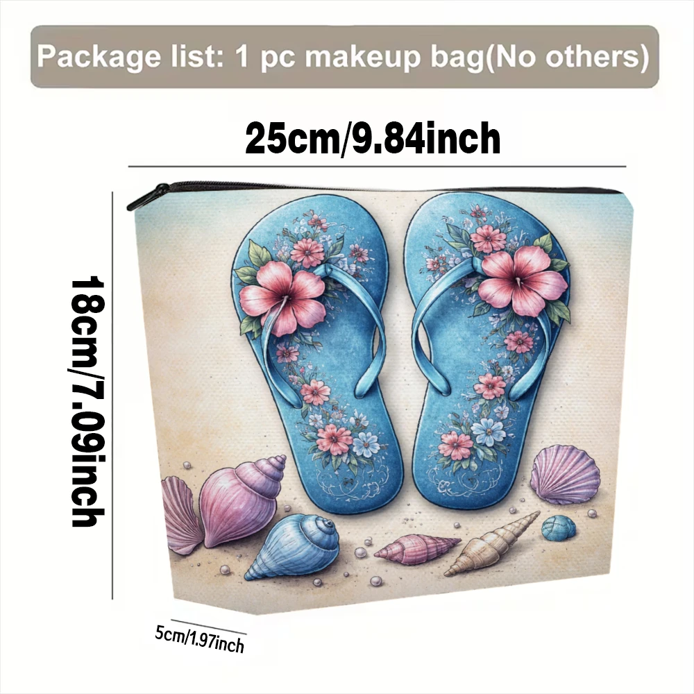 Flip Flops Flowers Shells Beach Pattern Makeup Bags for Girls Cosmetic Pouch Toiletry Bag Pencil Case Travel Storage