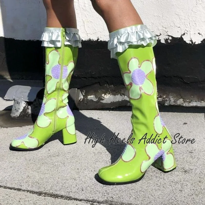 

Pink 3D Printing Round Toe Knee High Boots Woman Green Floral Zipper Patent Leather Booties Lady Chunky Heel Shoes Sweet Girl