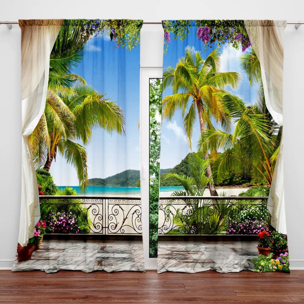 2 Pack Blue Ocean Coconut Leaf Printed Translucent Curtains Living Room Playroom Bedroom Polyester Rod Pocket Decor Curtains