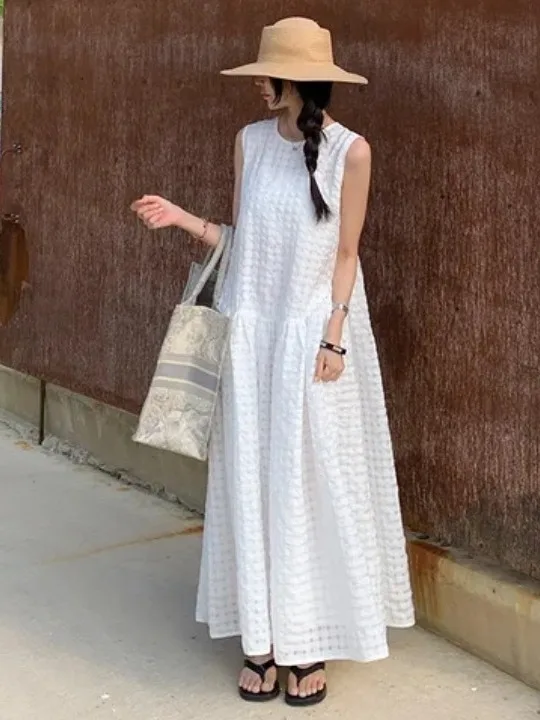 

Dongda Gate 2025 Summer New Casual round Ne Overhead Dr Women's High-End Feeling Svel Long Dr Pure Color Knitwear