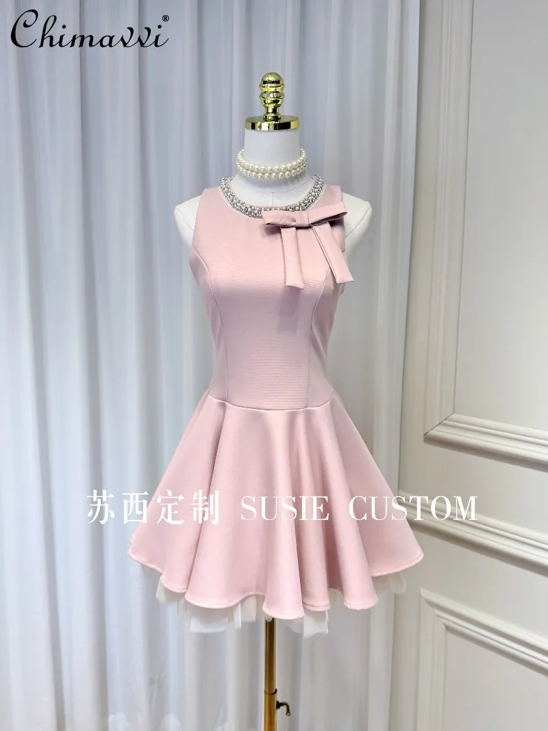 

High-end French Color Block Mesh Patchwork A-line Dress New Spring and Summer Sweet Bow Detail Slim Fit Elegant Gown Dresses