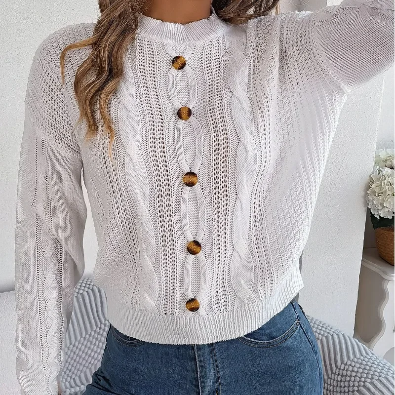 Autumn and Winter Women's Pullover Round Neck Long Sleeve Solid Thread Button Loose Office Lady Fashion Casual Sweater Knit Tops