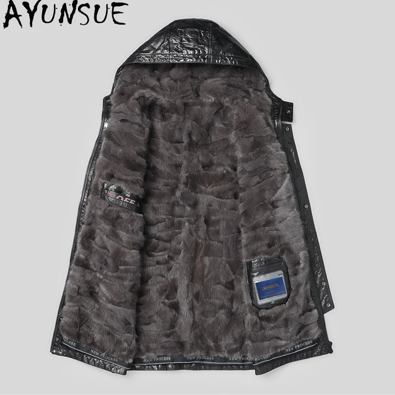 AYUNSUE Genuine Cow Leather Jacket Men Hooded Winter Luxury 2025 Mink Fur Lining Jackets Mid-length Black Warm Real Fur Coat Man