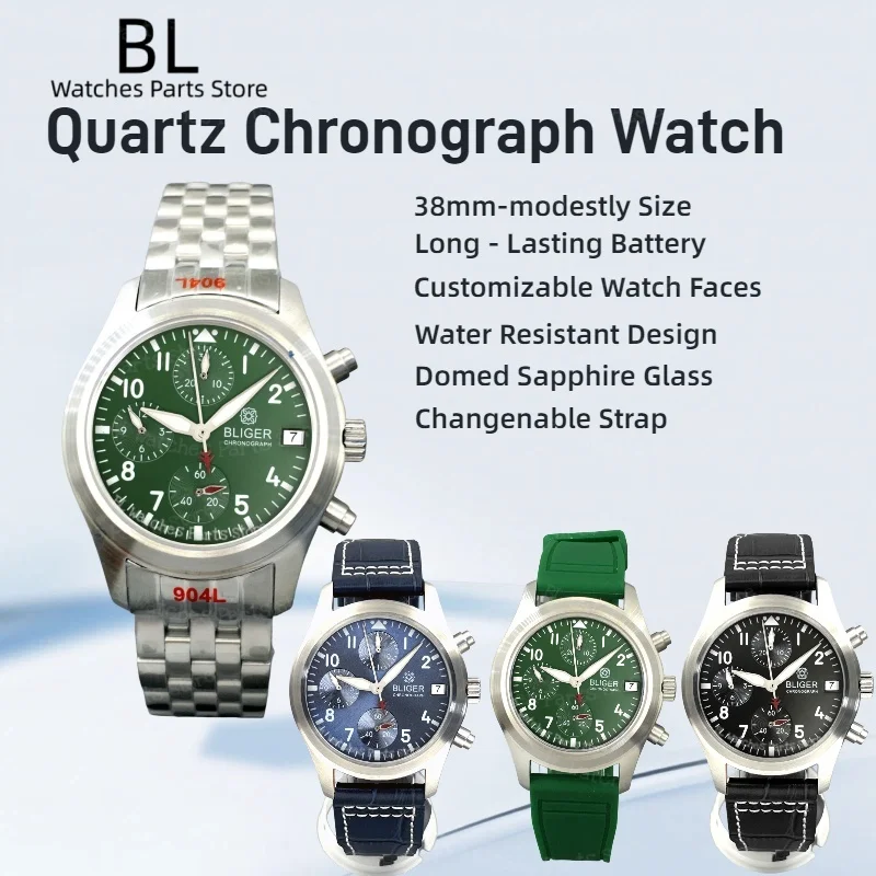 

BLIGER 38mm Pilot Quartz Men Watch Blue Black Green VK67 Sports Chronograph Watches Leather Stainless Waterproof Sapphire Rejol