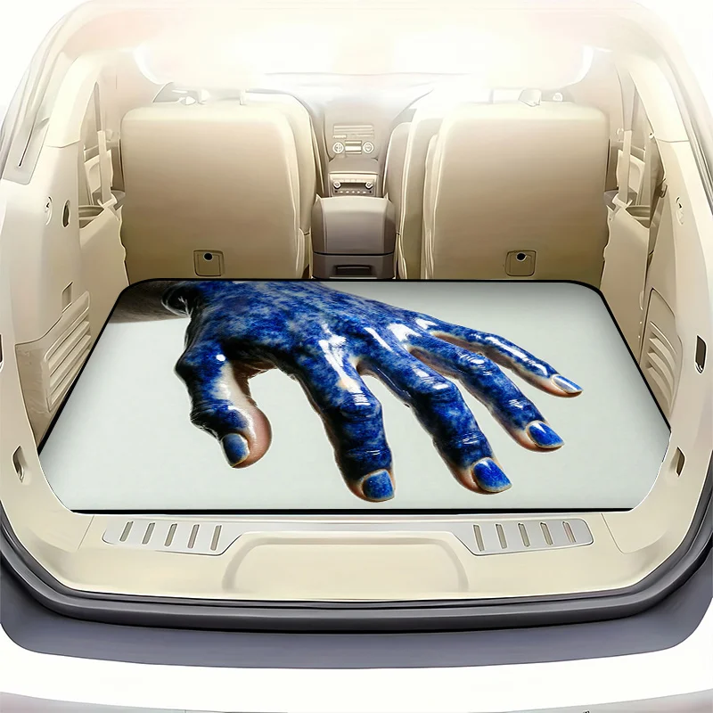 Long-Lasting Car Trunk Mat In Shiny Blue, Featuring  Speckled Human Hand Design With Porcelain-Like Texture On  Light Gray
