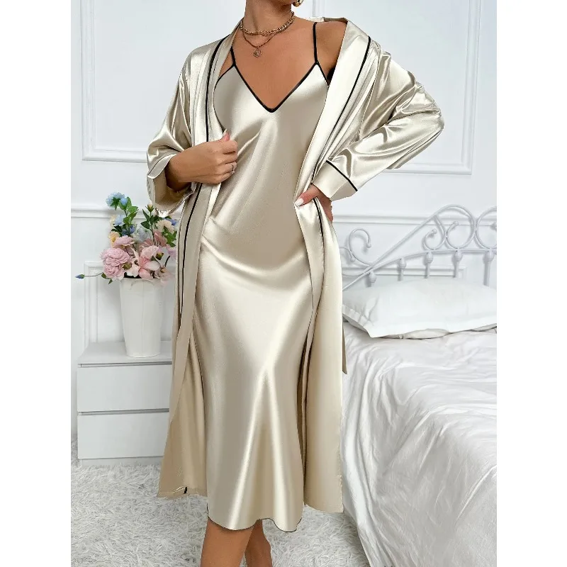 

Women's Sexy Fashion 2 Piece Pajama Set V-Neck Slip Dress with Long Robe Sleepwear