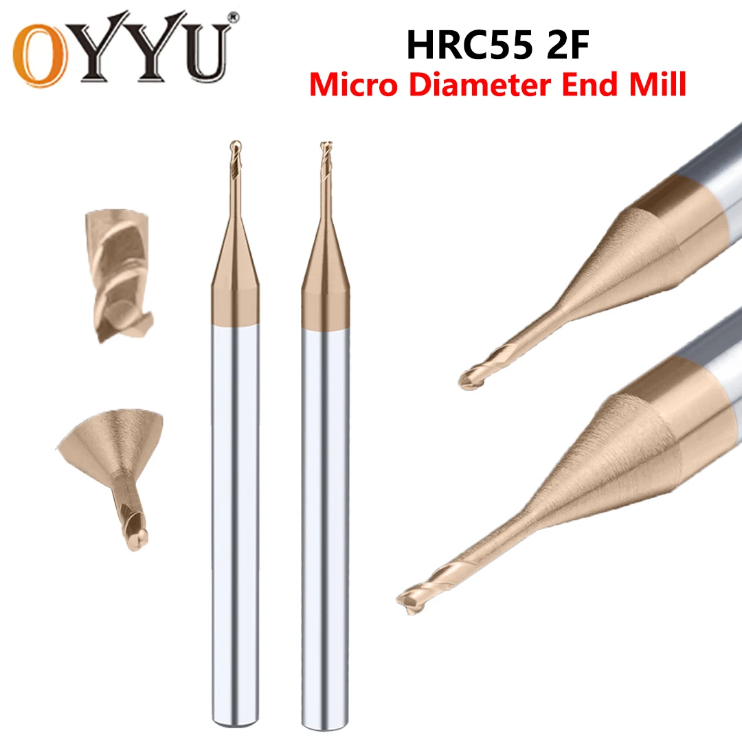 OYYU HRC55 2F 2-Flute Micro Diameter Deep Groove Endmill Deep Groove End Mills Milling Cutter Endmills 0.3 0.4 0.5 0.7 0.8 0.9mm
