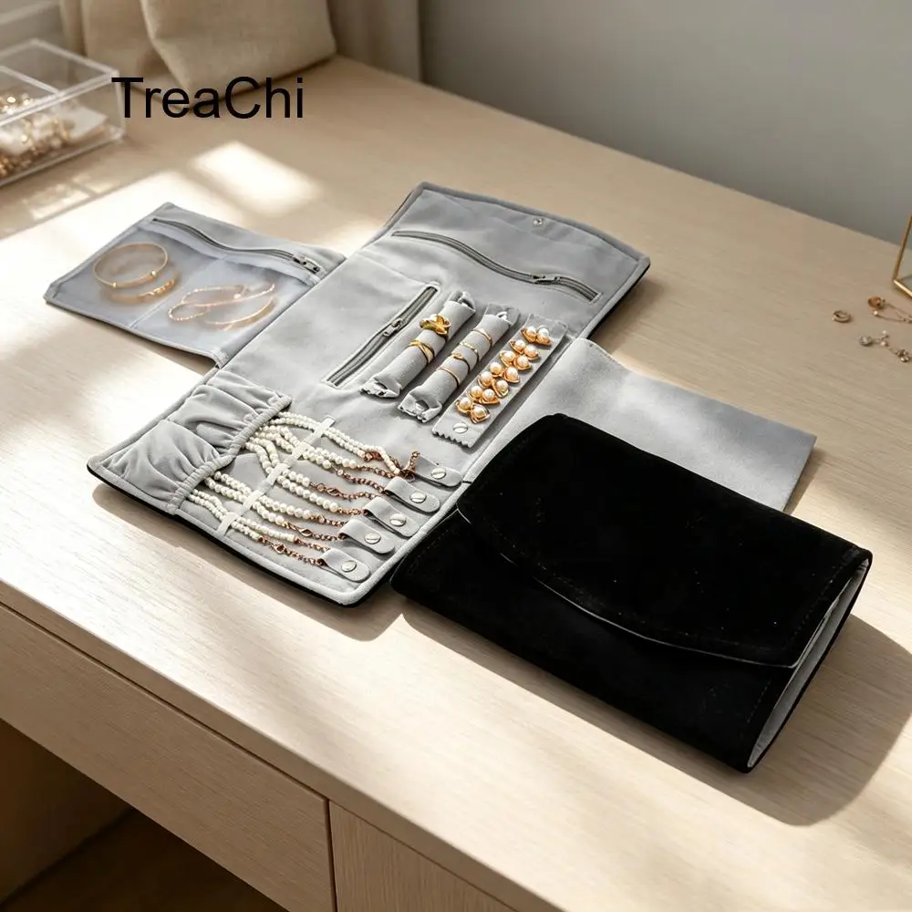 Portable and Three-Fold Jewellery Storage Roll for Travel Rings Earrings Necklaces and Bracelets Large Capacity Storage Roll