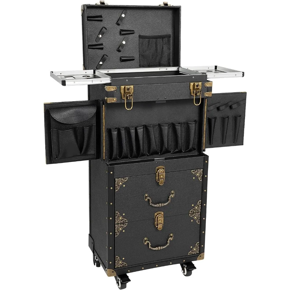 44.09lbs Lockable Makeup Train Case,Rolling Hairdressing Trolley,Beauty Salon Cosmetic Luggage with Universal Wheels for Hair St