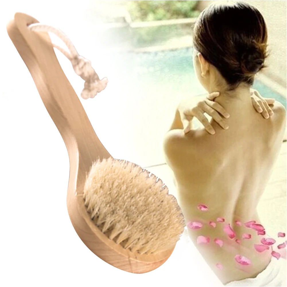 Artificial Bristle Middle Long Handle Wooden Scrub Skin Massage Shower Body Bath Brush Round Soft Brush Bathroom Accessories