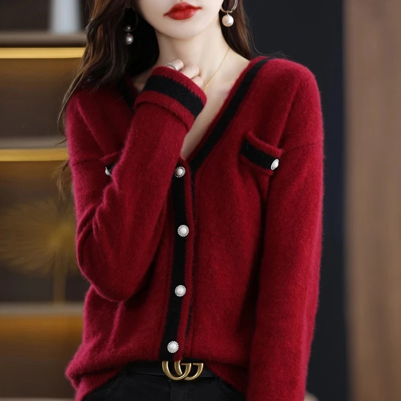 

2022 New Autumn Winter V-Neck Color Matching Wool Cardigan Women's Loose Sweater Long Sleeve Knitted Sweater Coat Ladies