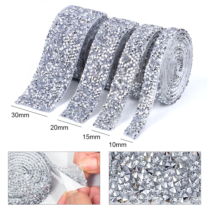 10/15/20/30mm Self Adhesive Resin Rhinestone Crystal Ribbon Bling Gemstone Sticker With 2mm Rhinestones For DIY Arts Crafts