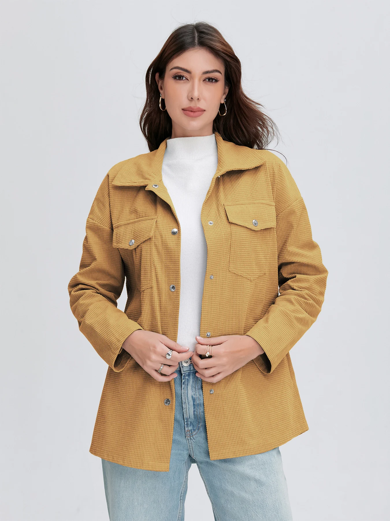 سترة نسائية قصيرة ذات لون نقي وياقة على شكل طية صدر وجيوب للخريف والشتاء، سترة أنيقة للارتداء اليومي في الهواء الطلق #3