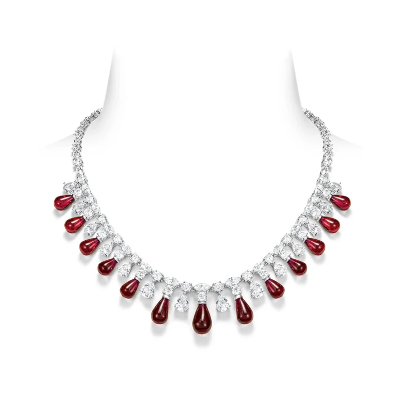 

BELLUX 925 Silver Gold Plated Synthetic Zircon Fashion Light Luxury Ruby Water Drop Necklace