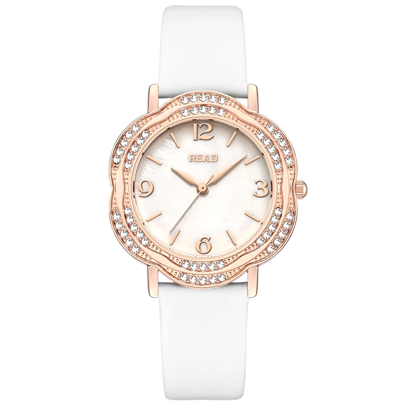 READ Ladies Analog Dress Watch | Floral Outline Case | Sparkle Bezel | White Textured Band | Daily Water Resistant Wrist Watch