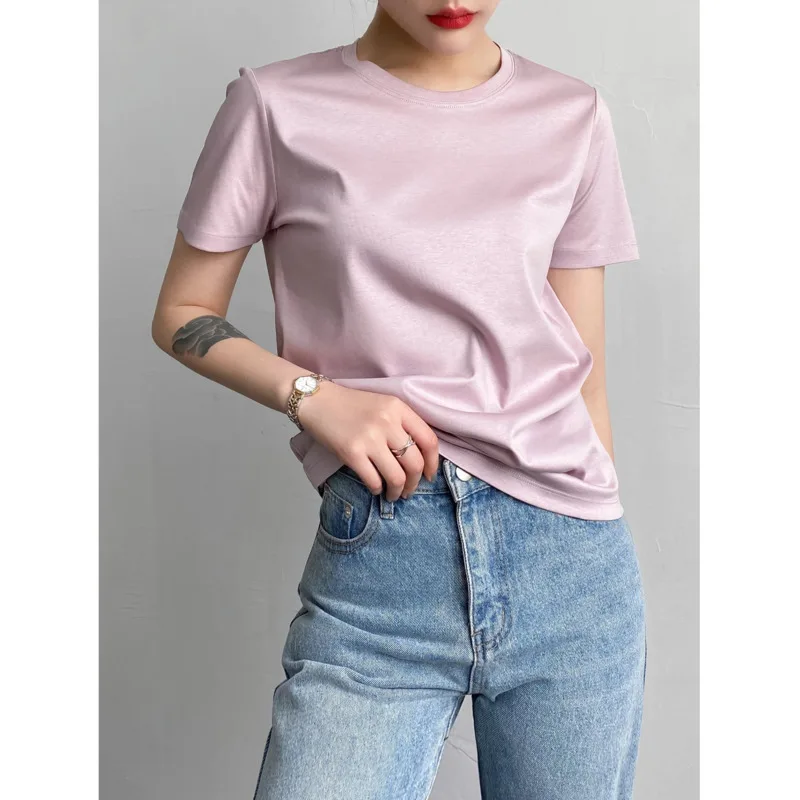 Camisetas de algodón de seda de morera suave para mujer, camisetas holgadas de manga corta con cuello redondo, Tops de verano de Color sólido de